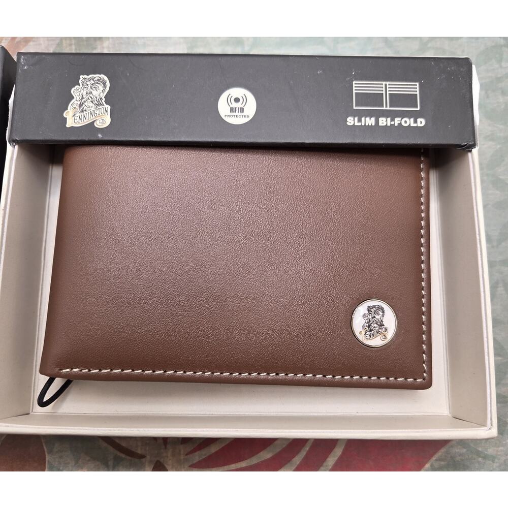 Kennington Wallet Slim Bi-Fold Brown Leather RIFD Protection New In Box